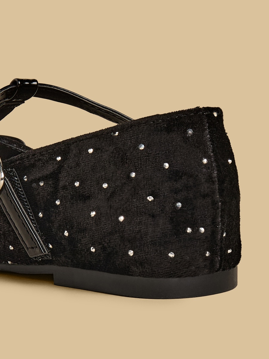 Embellished T-Strap Velvet Ballerina Shoes with Buckle Closure