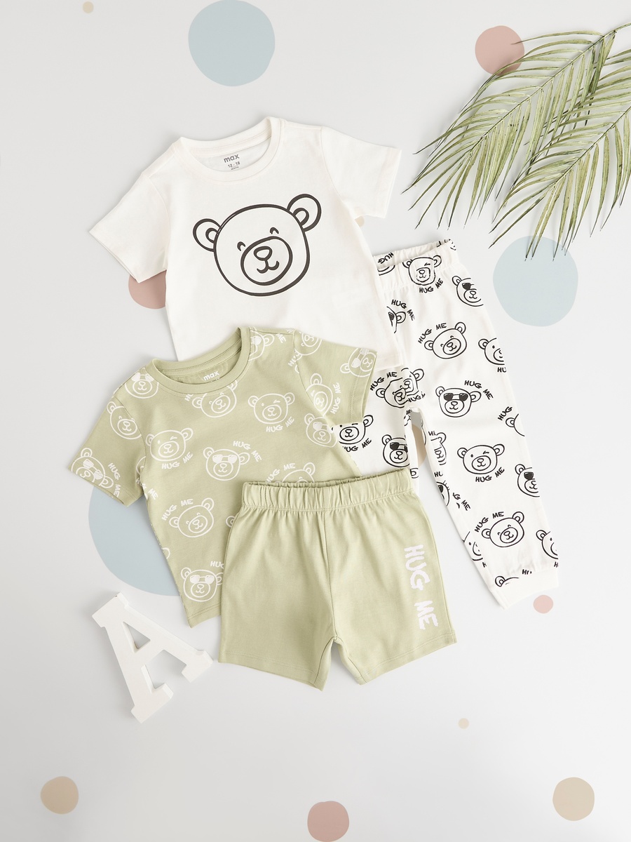 Bear Print 4-Piece Cotton Pyjama Set