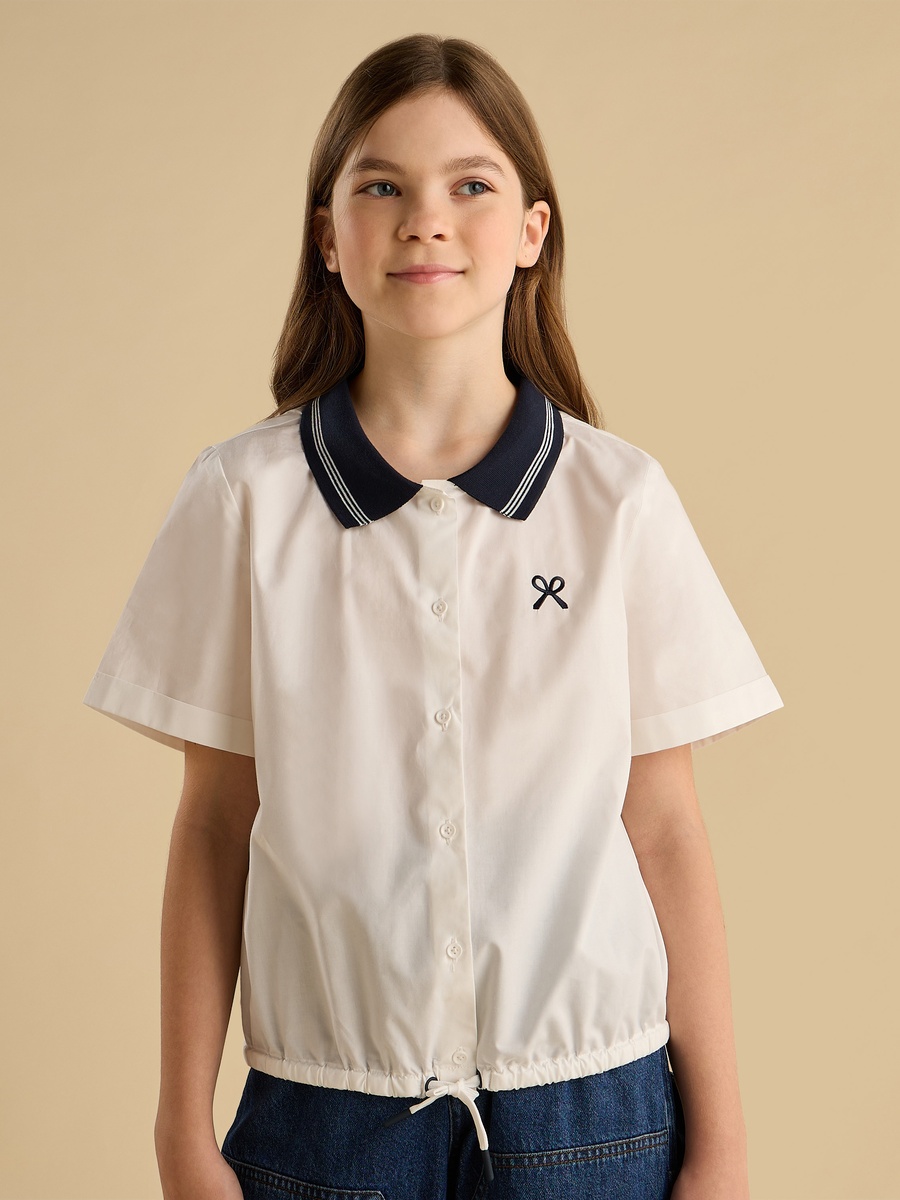 Bow Embroidered Ribbed Collar Tie-Up Detail Shirt