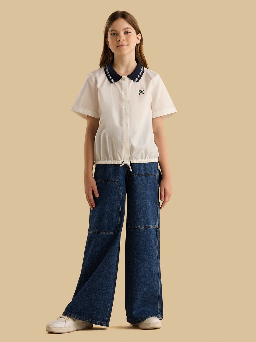 Bow Embroidered Ribbed Collar Tie-Up Detail Shirt