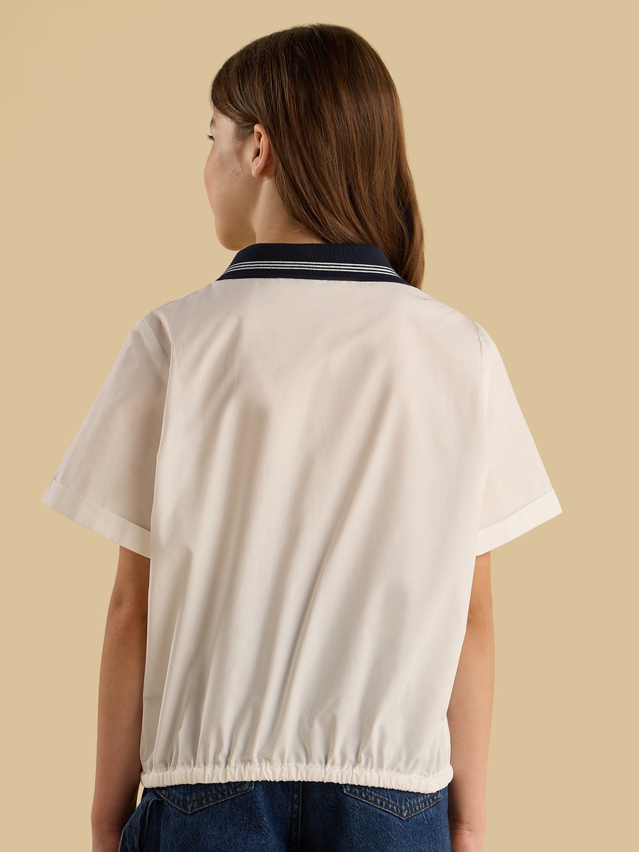 Bow Embroidered Ribbed Collar Tie-Up Detail Shirt