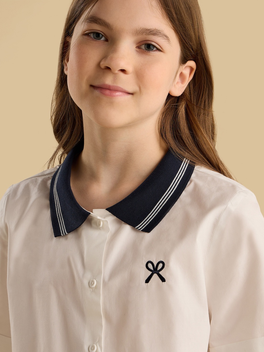 Bow Embroidered Ribbed Collar Tie-Up Detail Shirt