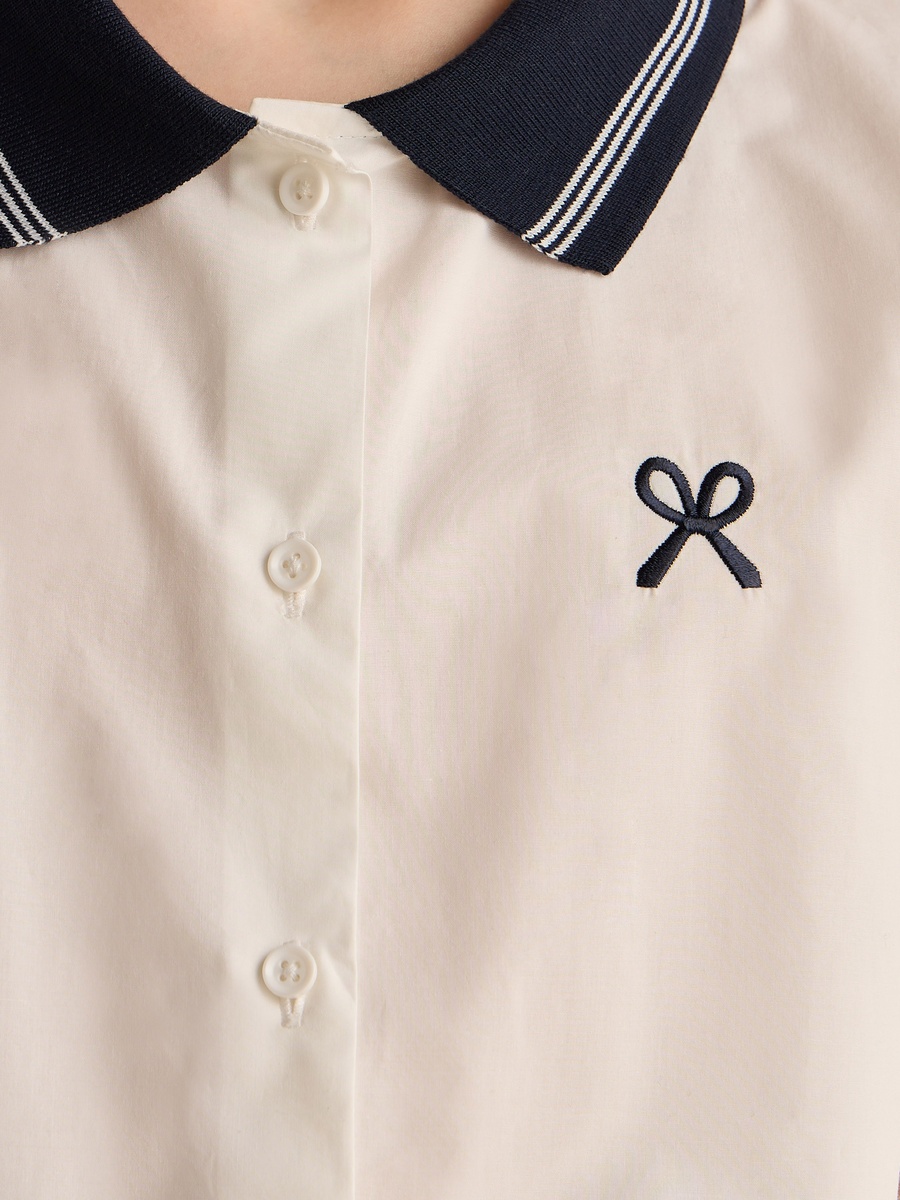 Bow Embroidered Ribbed Collar Tie-Up Detail Shirt
