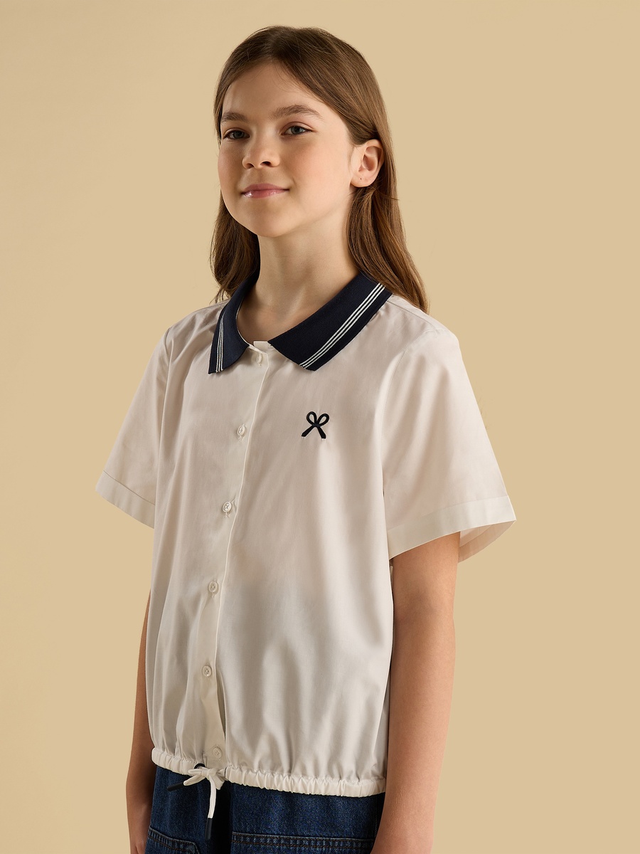 Bow Embroidered Ribbed Collar Tie-Up Detail Shirt