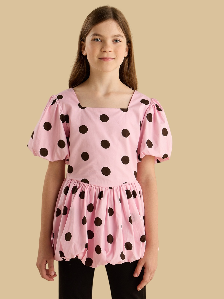 Polka Dot Print Peplum Top with Square Neck
