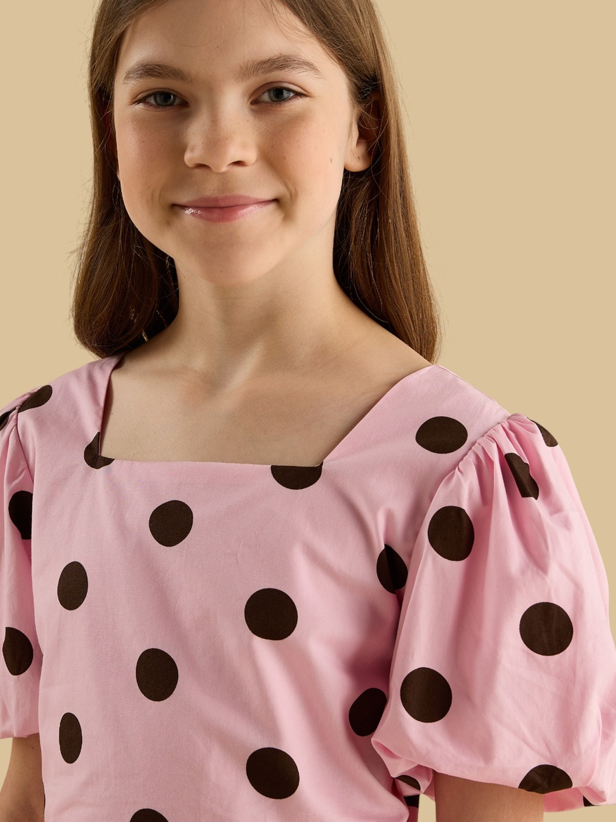 Polka Dot Print Peplum Top with Square Neck