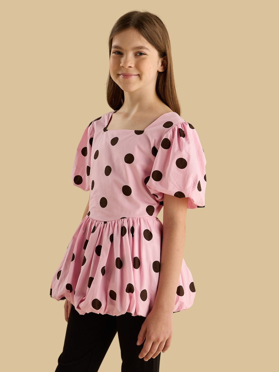 Polka Dot Print Peplum Top with Square Neck