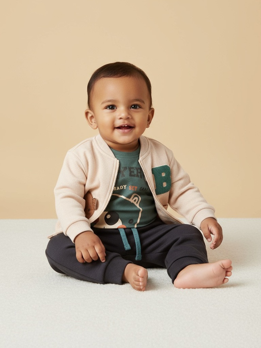 Bear Print T-Shirt with Pants and Jacket