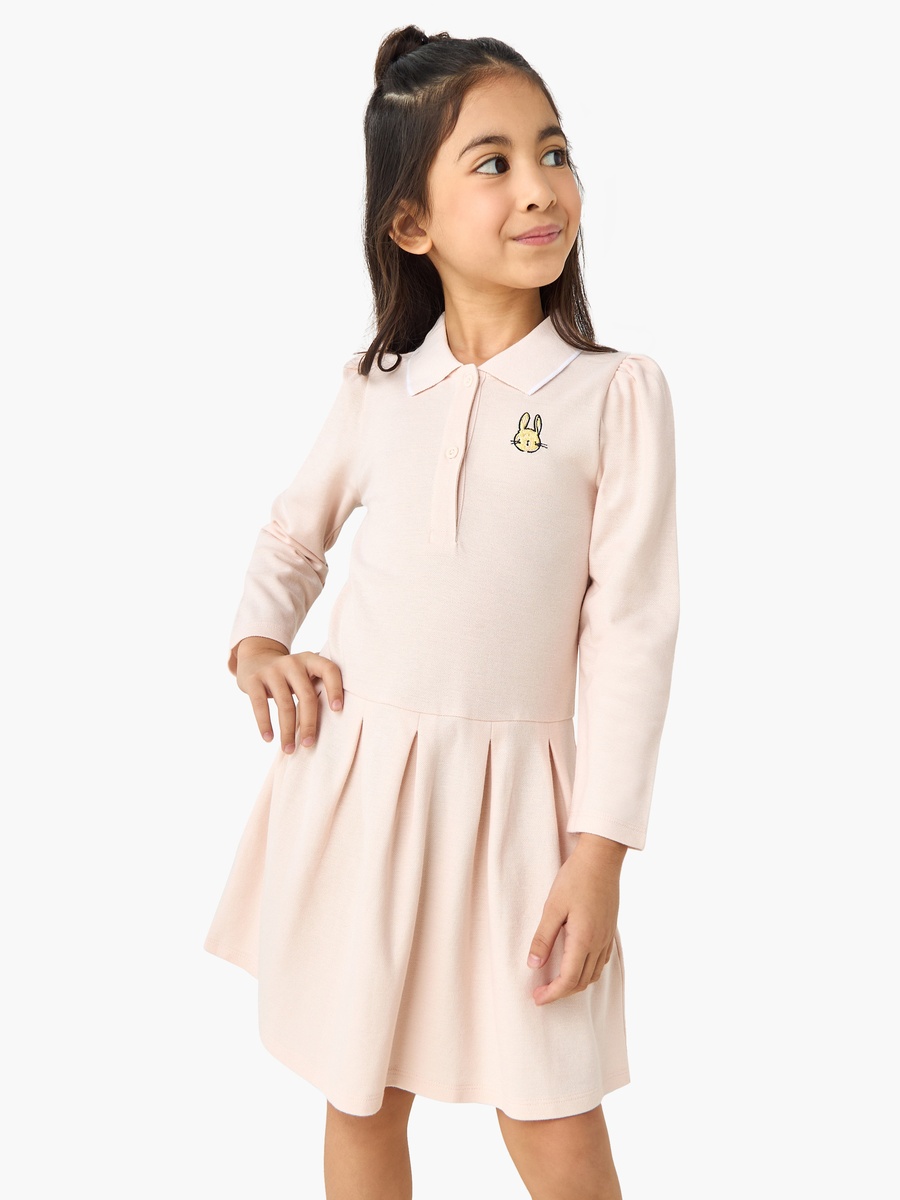 Collared Long Sleeves Knee Length Polo Dress with Bunny Embroidery