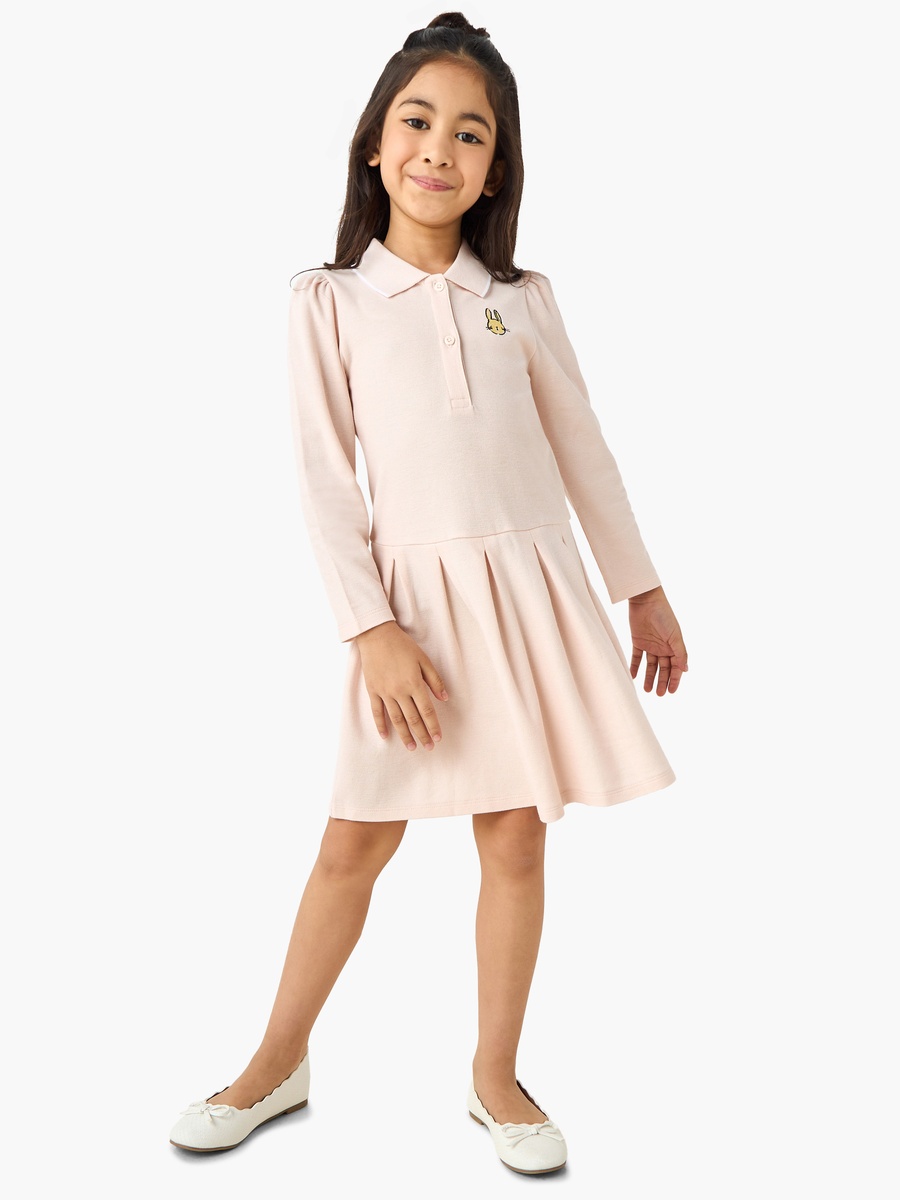 Collared Long Sleeves Knee Length Polo Dress with Bunny Embroidery