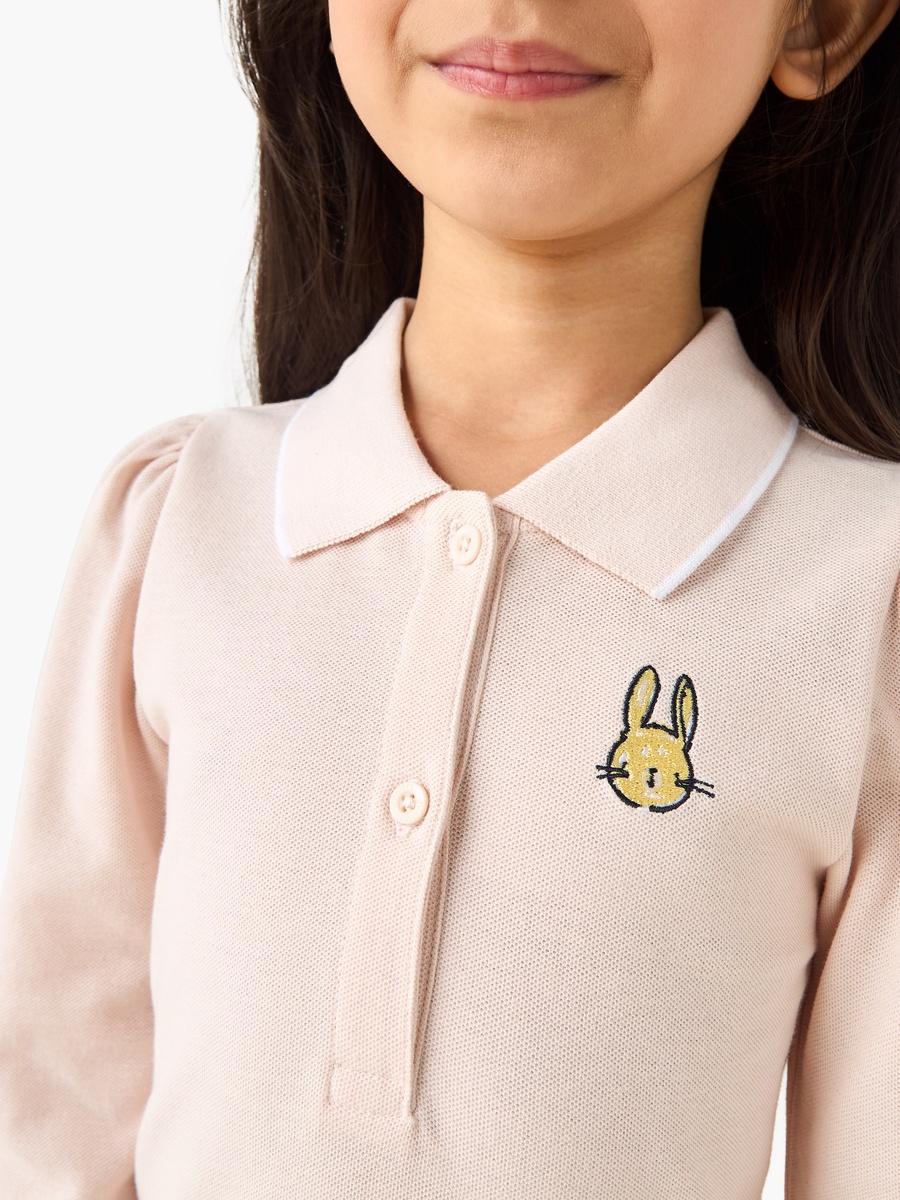Collared Long Sleeves Knee Length Polo Dress with Bunny Embroidery