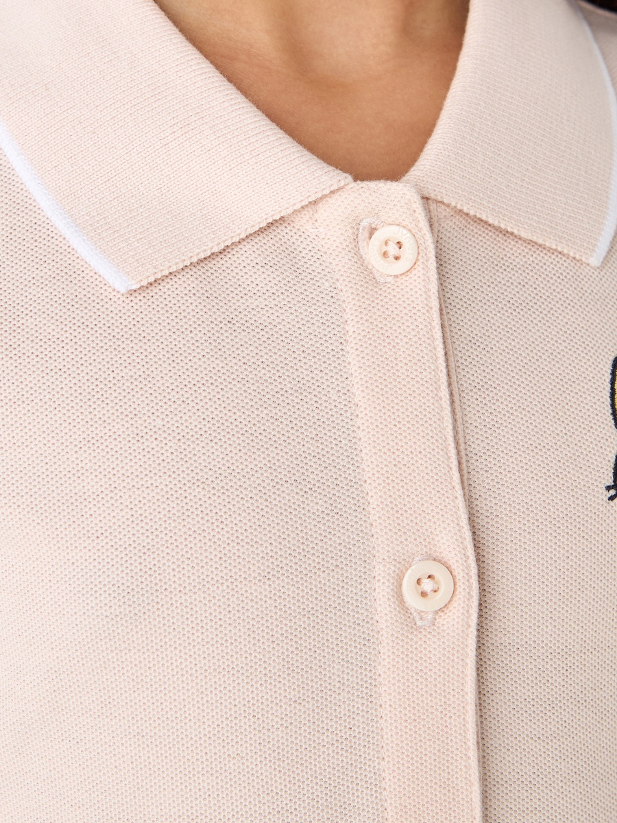 Collared Long Sleeves Knee Length Polo Dress with Bunny Embroidery