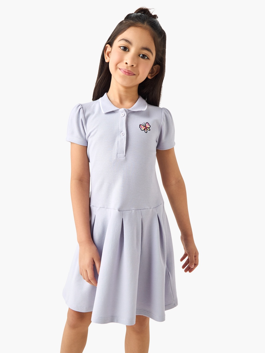 Collared Long Sleeves Knee Length Polo Dress with Butterfly Embroidery