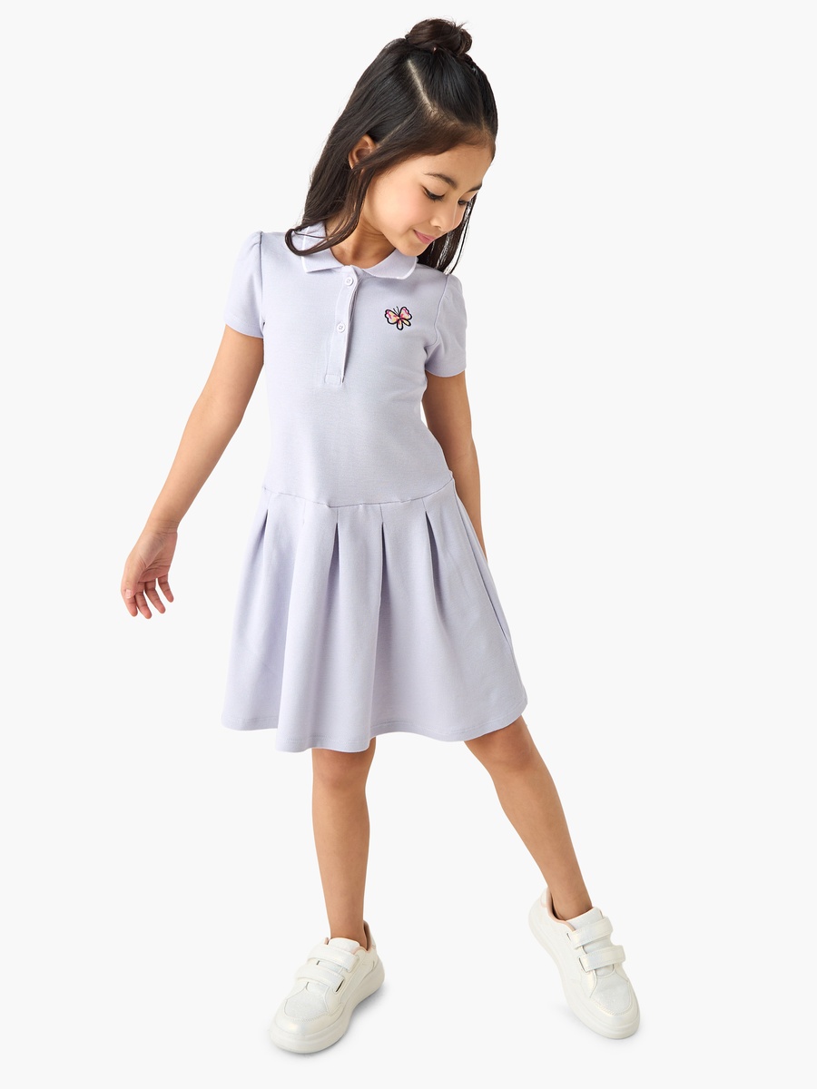 Collared Long Sleeves Knee Length Polo Dress with Butterfly Embroidery