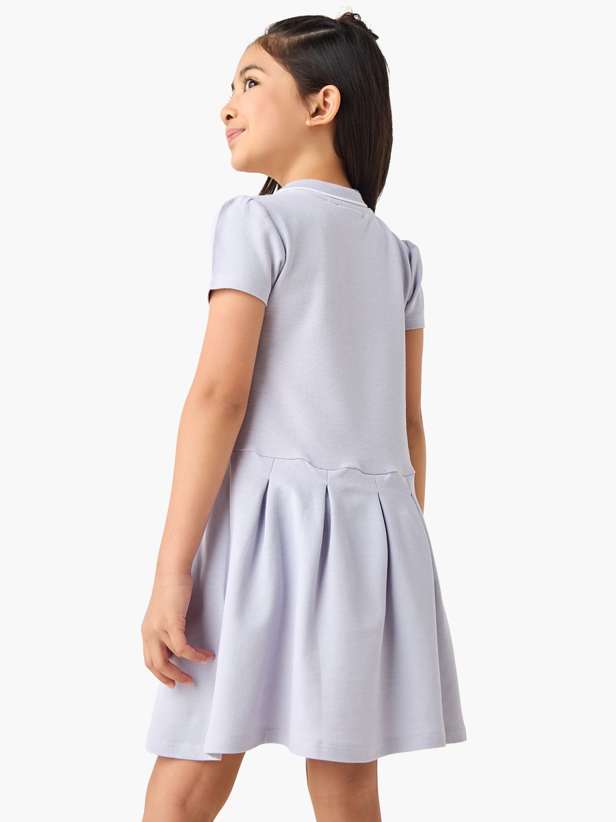 Collared Long Sleeves Knee Length Polo Dress with Butterfly Embroidery