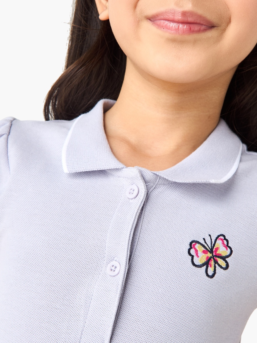 Collared Long Sleeves Knee Length Polo Dress with Butterfly Embroidery