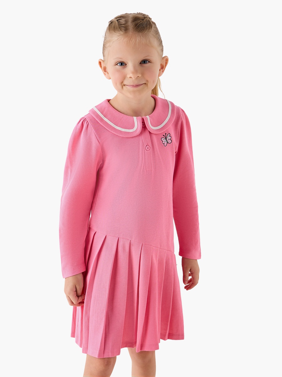 Peter Pan Collar Long Sleeves Knee Length Dress with Butterfly Embroidery