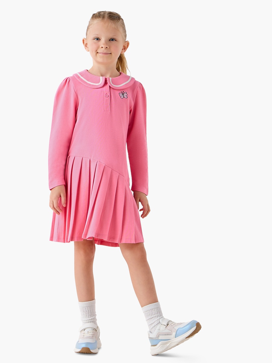 Peter Pan Collar Long Sleeves Knee Length Dress with Butterfly Embroidery