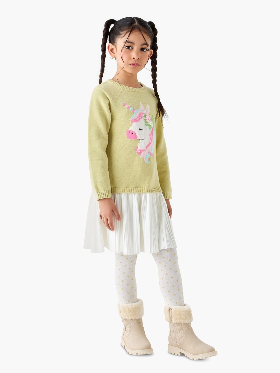 Unicorn Applique Sweater Dress with Polka Dot Tights