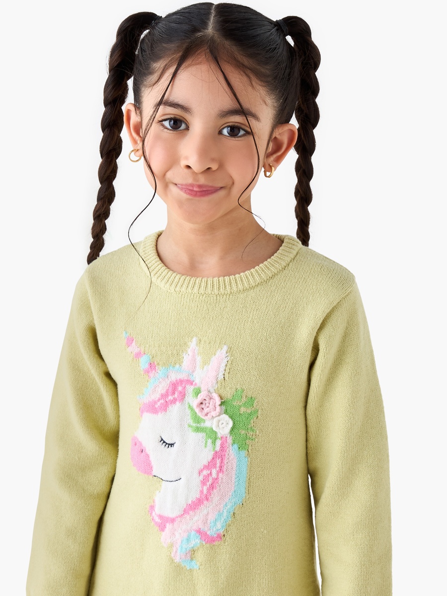 Unicorn Applique Sweater Dress with Polka Dot Tights
