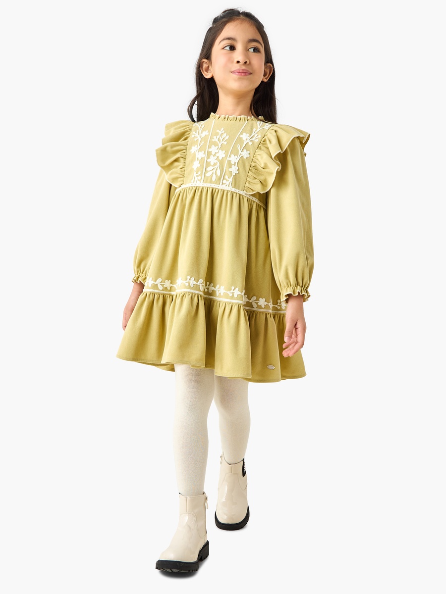 Ruffle Neck Long Sleeves Knee Length Dress with Floral Embroidery