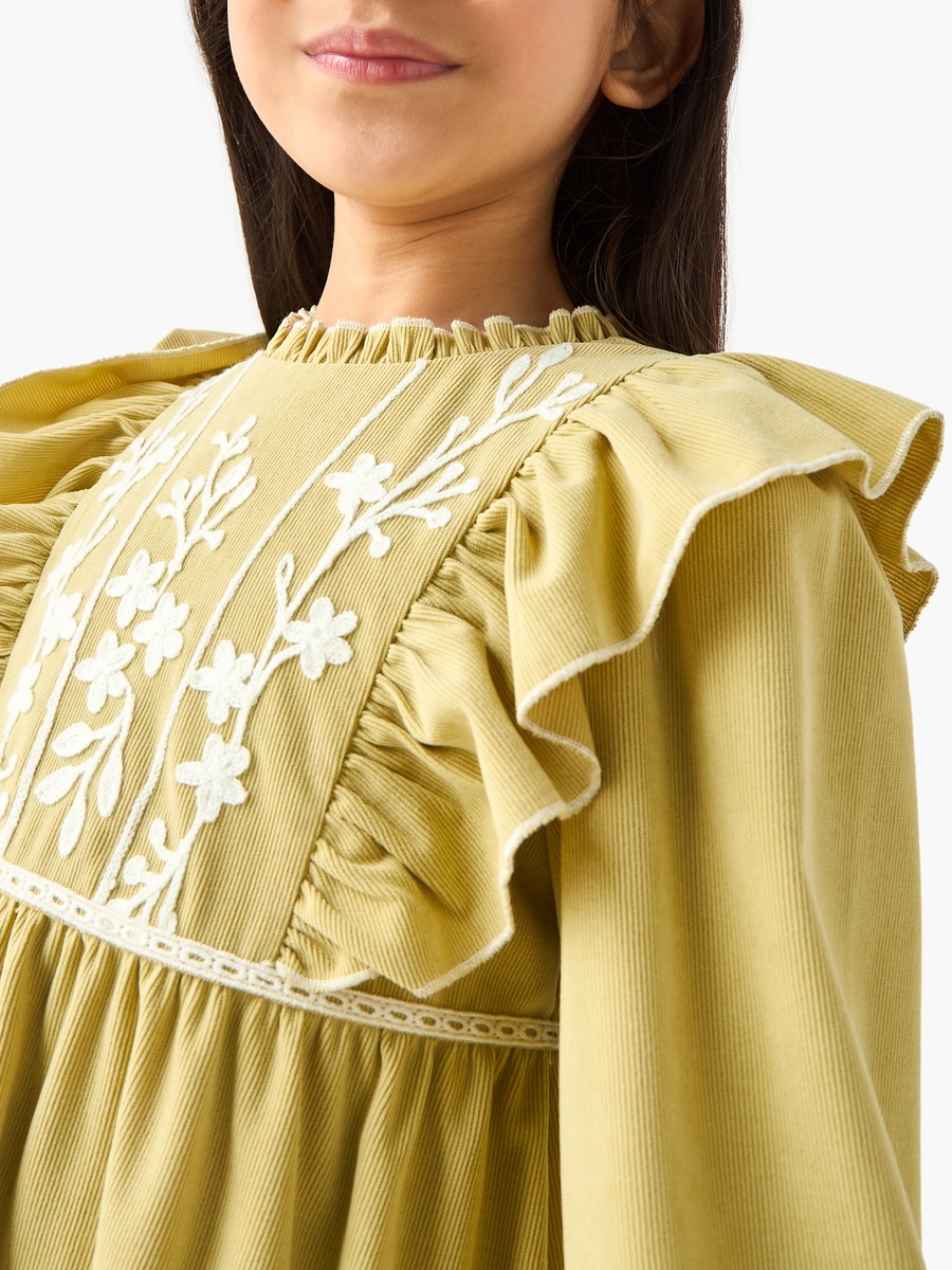 Ruffle Neck Long Sleeves Knee Length Dress with Floral Embroidery