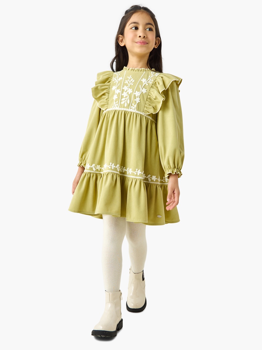 Ruffle Neck Long Sleeves Knee Length Dress with Floral Embroidery