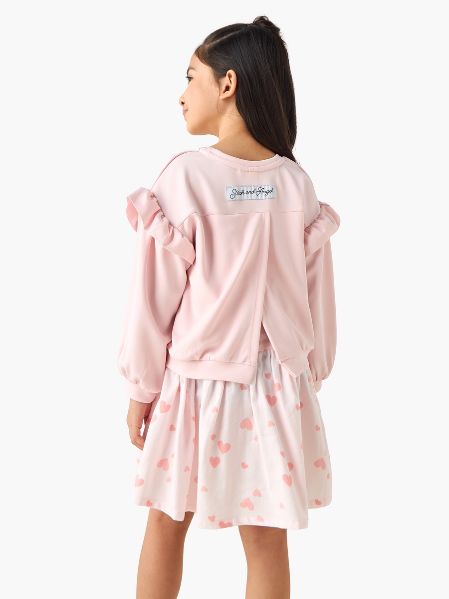 Round Neck Long Sleeves Knee Length Dress with Stitch Print