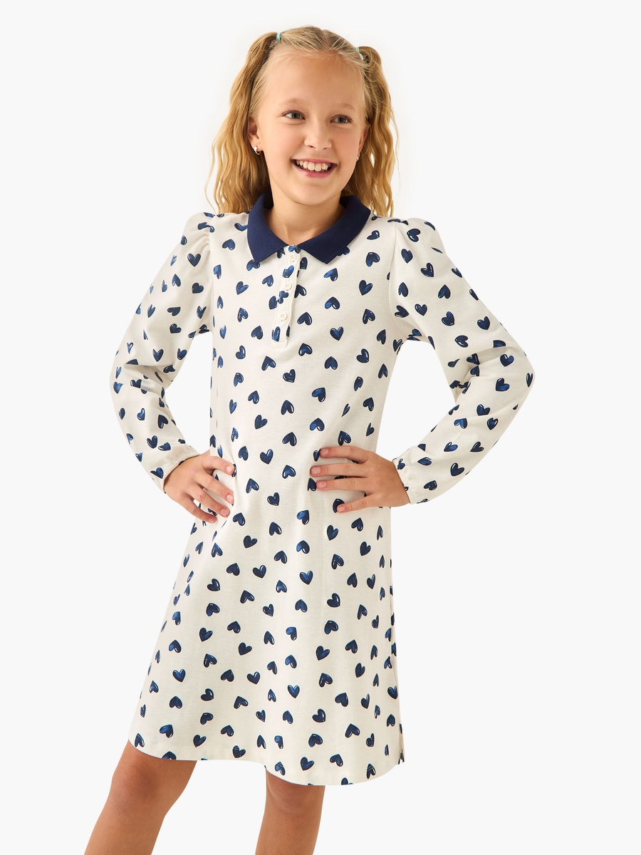 Collared Long Sleeves Knee Length Polo Dress with Heart Print
