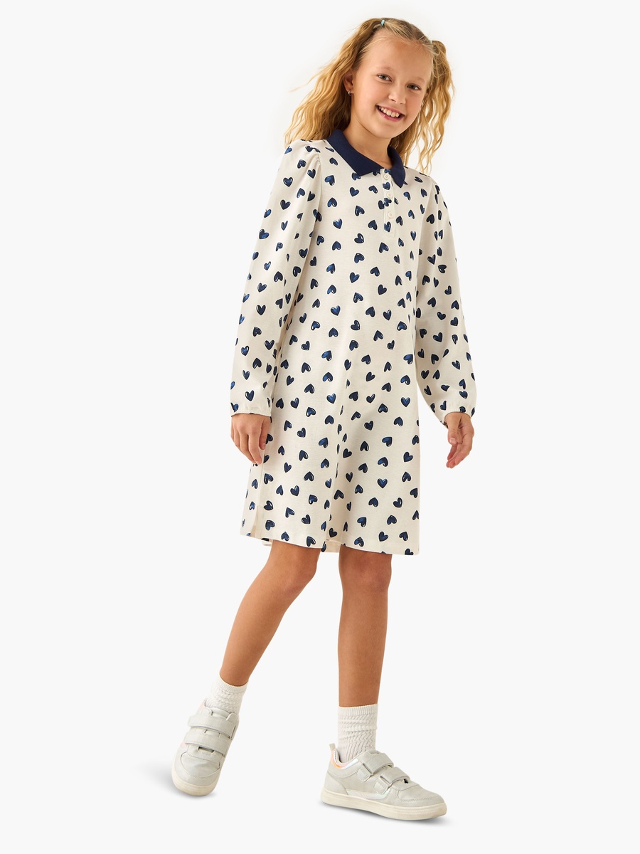 Collared Long Sleeves Knee Length Polo Dress with Heart Print