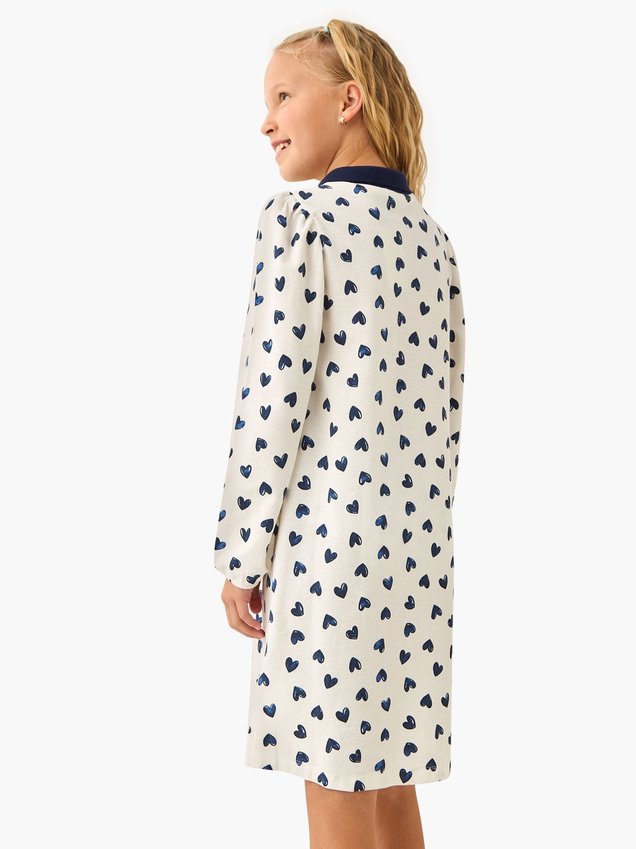 Collared Long Sleeves Knee Length Polo Dress with Heart Print