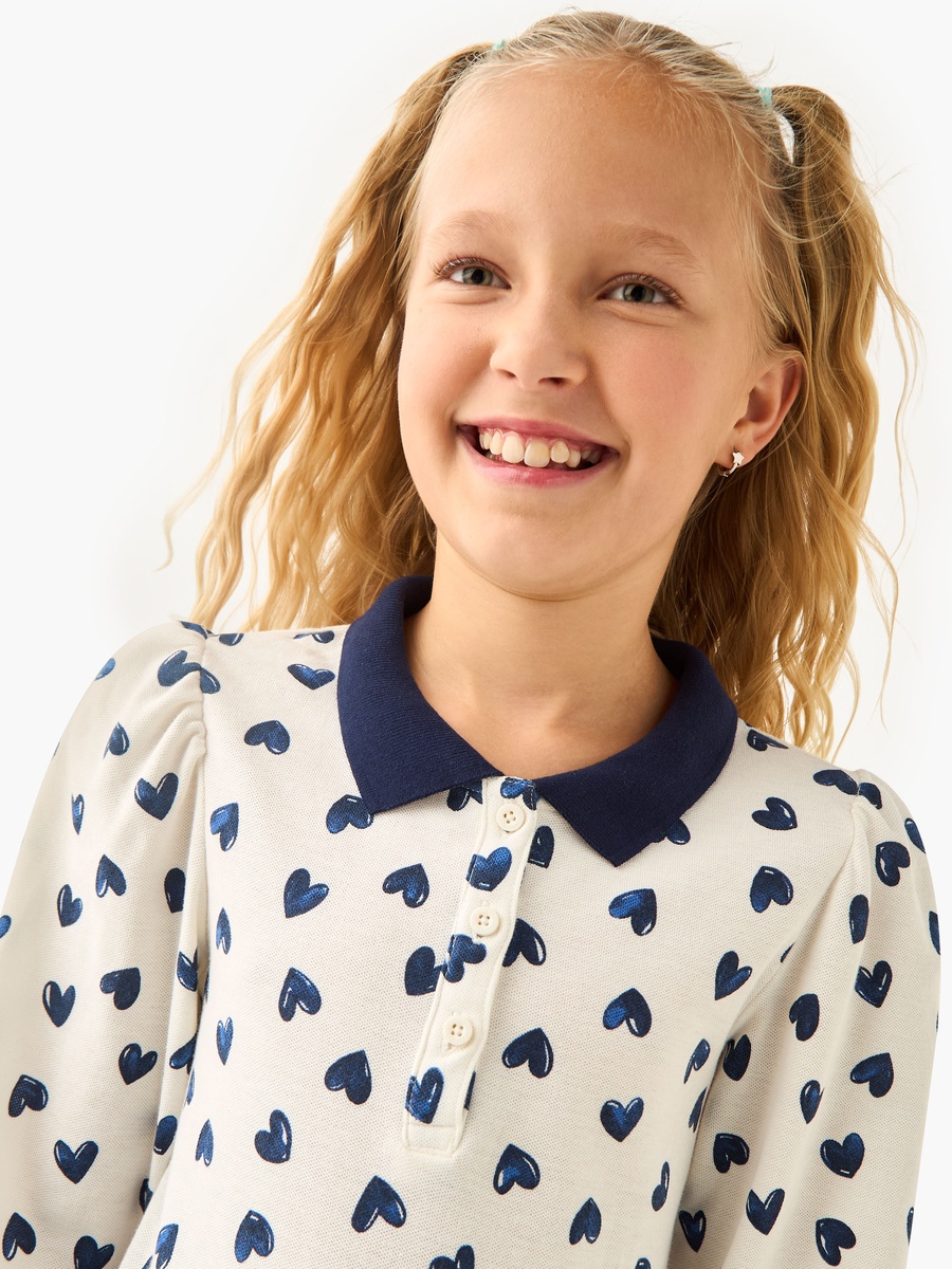 Collared Long Sleeves Knee Length Polo Dress with Heart Print