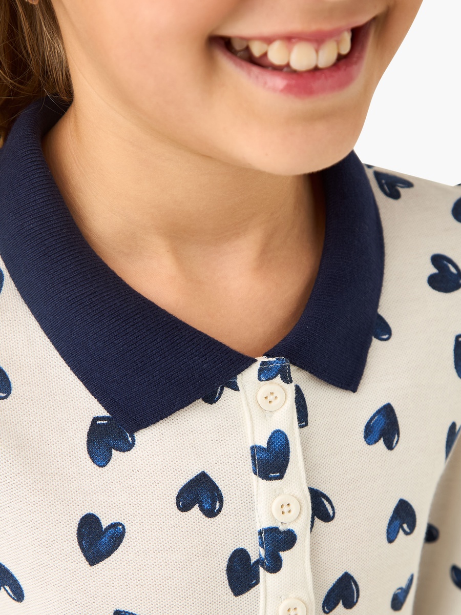 Collared Long Sleeves Knee Length Polo Dress with Heart Print