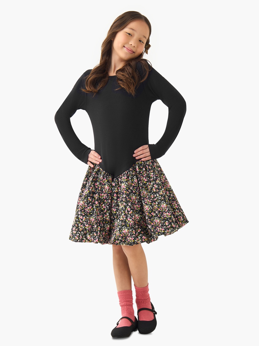 Round Neck Long Sleeves Knee Length Dress with Floral Print