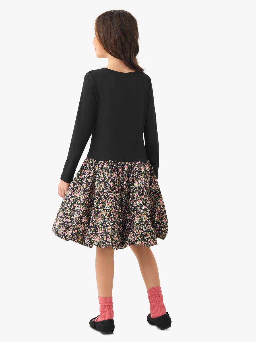 Round Neck Long Sleeves Knee Length Dress with Floral Print
