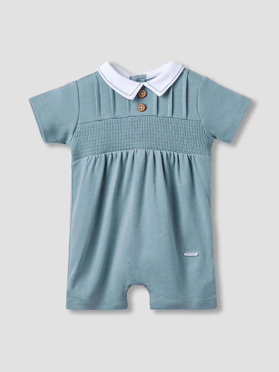 Peter Pan Collar Romper with Smock Detail - Cotton - Short Sleeves