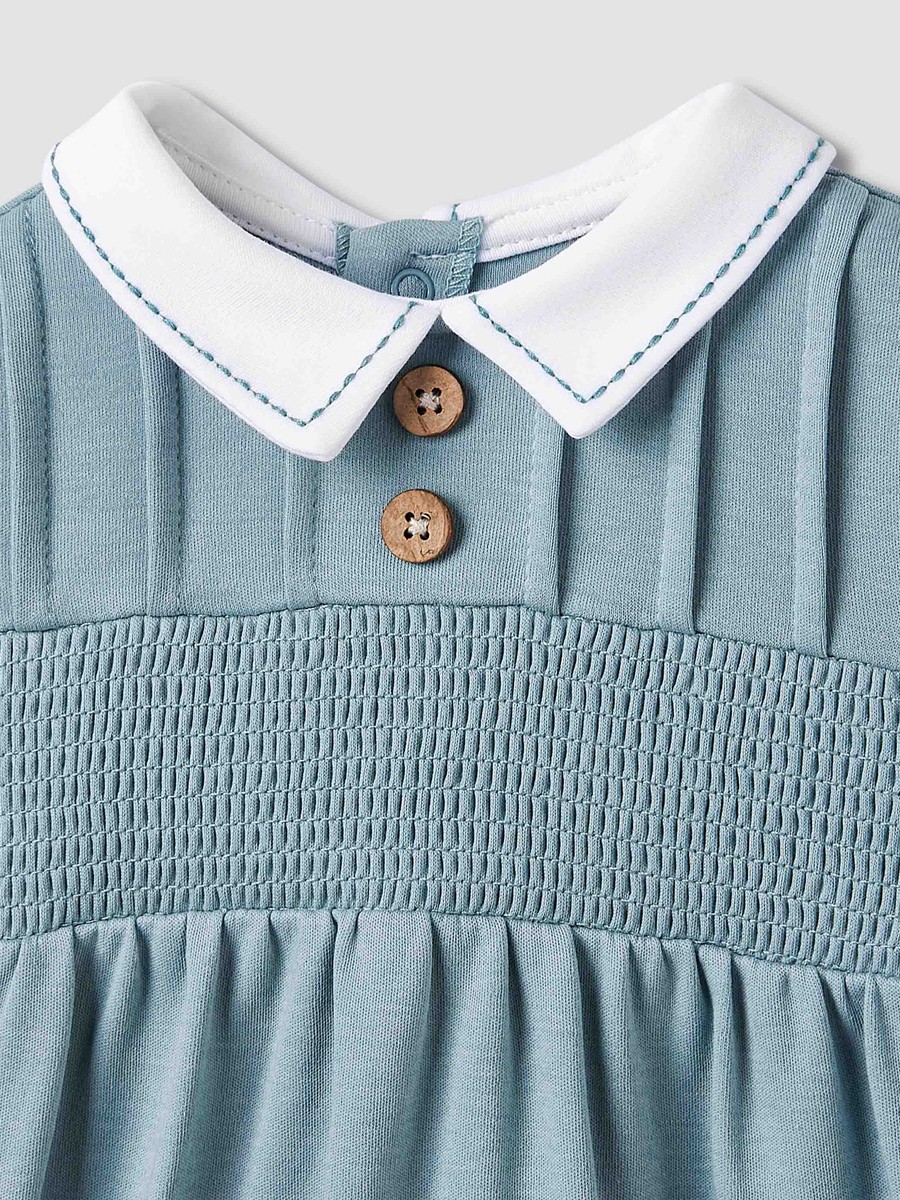Peter Pan Collar Romper with Smock Detail - Cotton - Short Sleeves