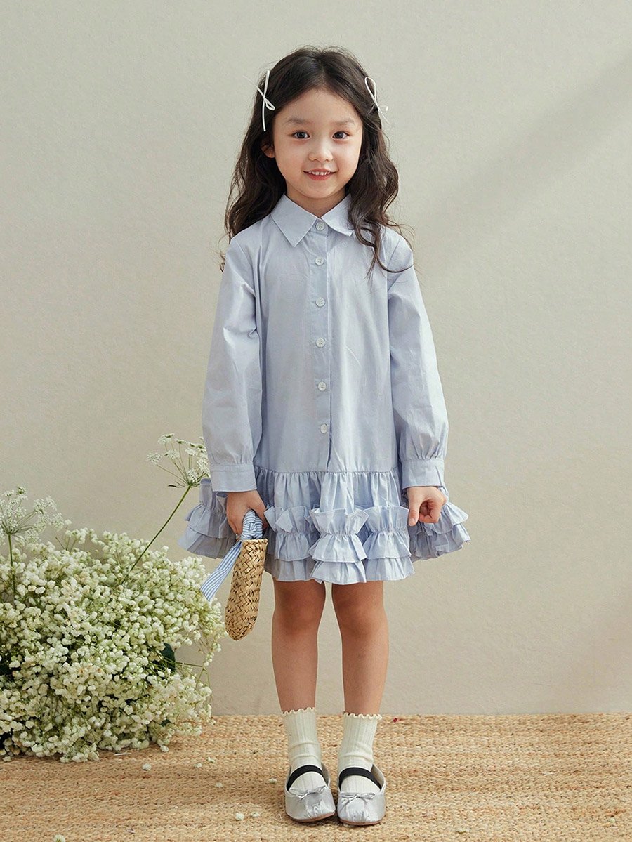 Girls Blue Cotton Ruffle Hem Knee Length Dress