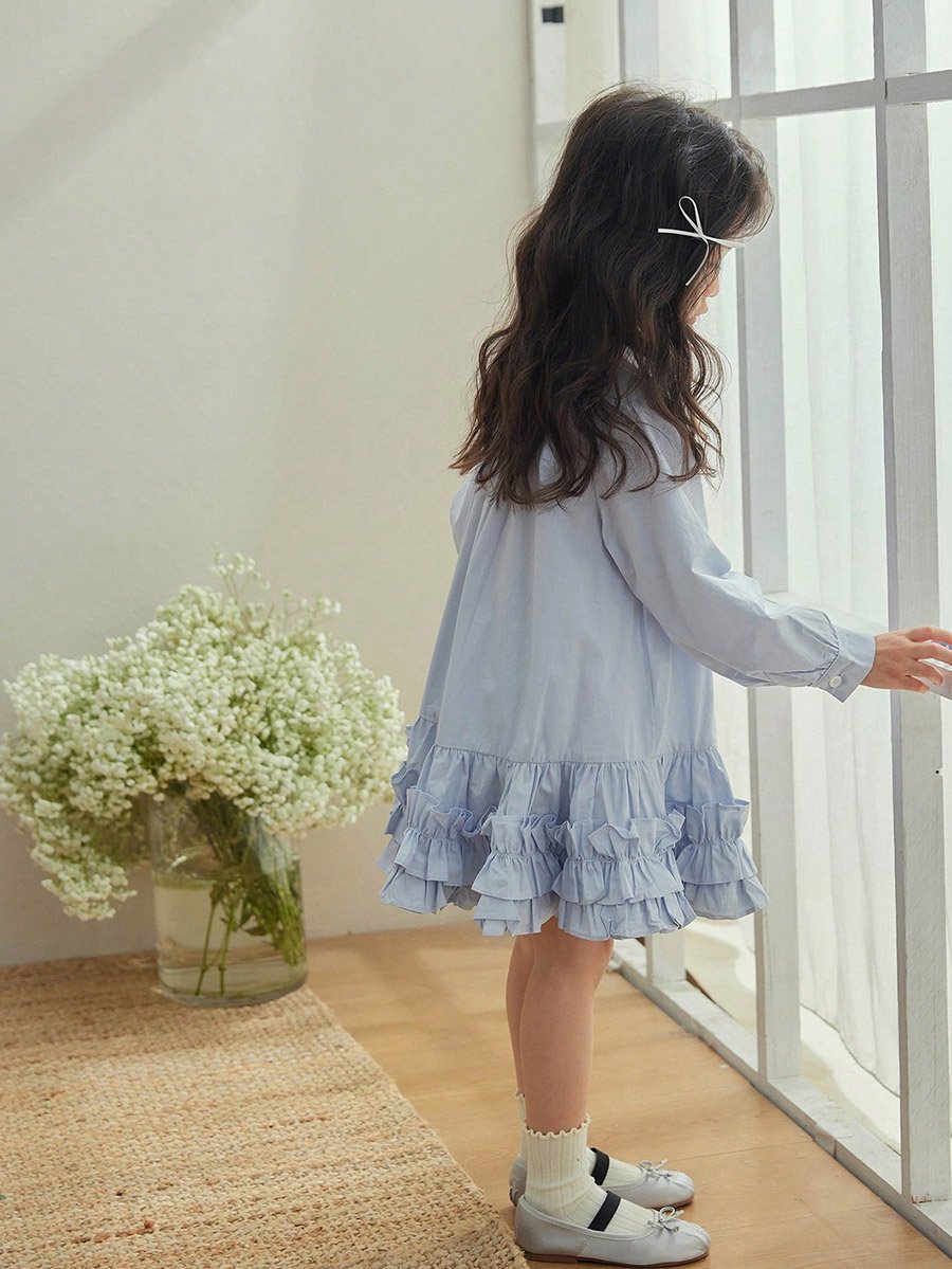 Girls Blue Cotton Ruffle Hem Knee Length Dress