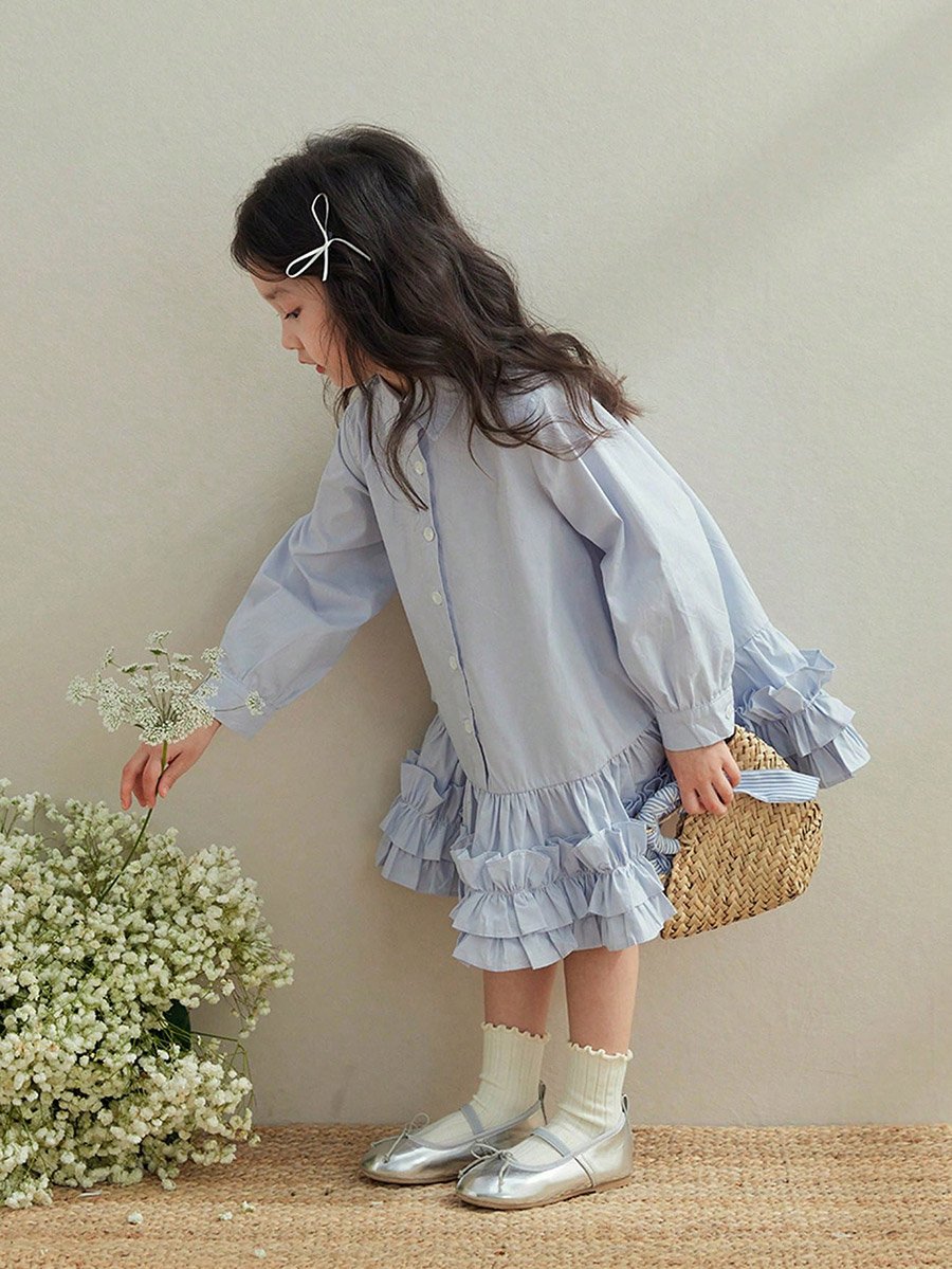 Girls Blue Cotton Ruffle Hem Knee Length Dress