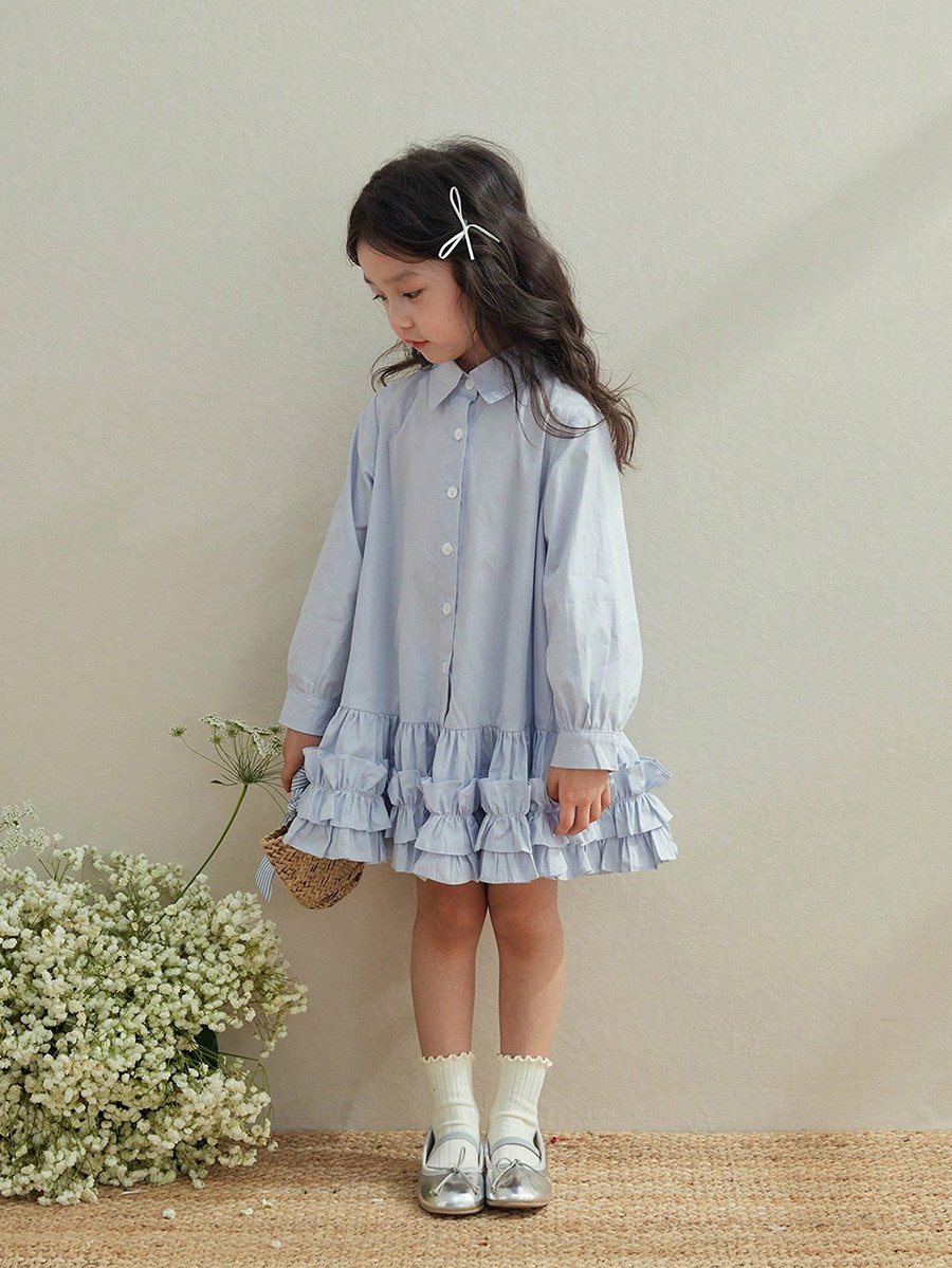 Girls Blue Cotton Ruffle Hem Knee Length Dress