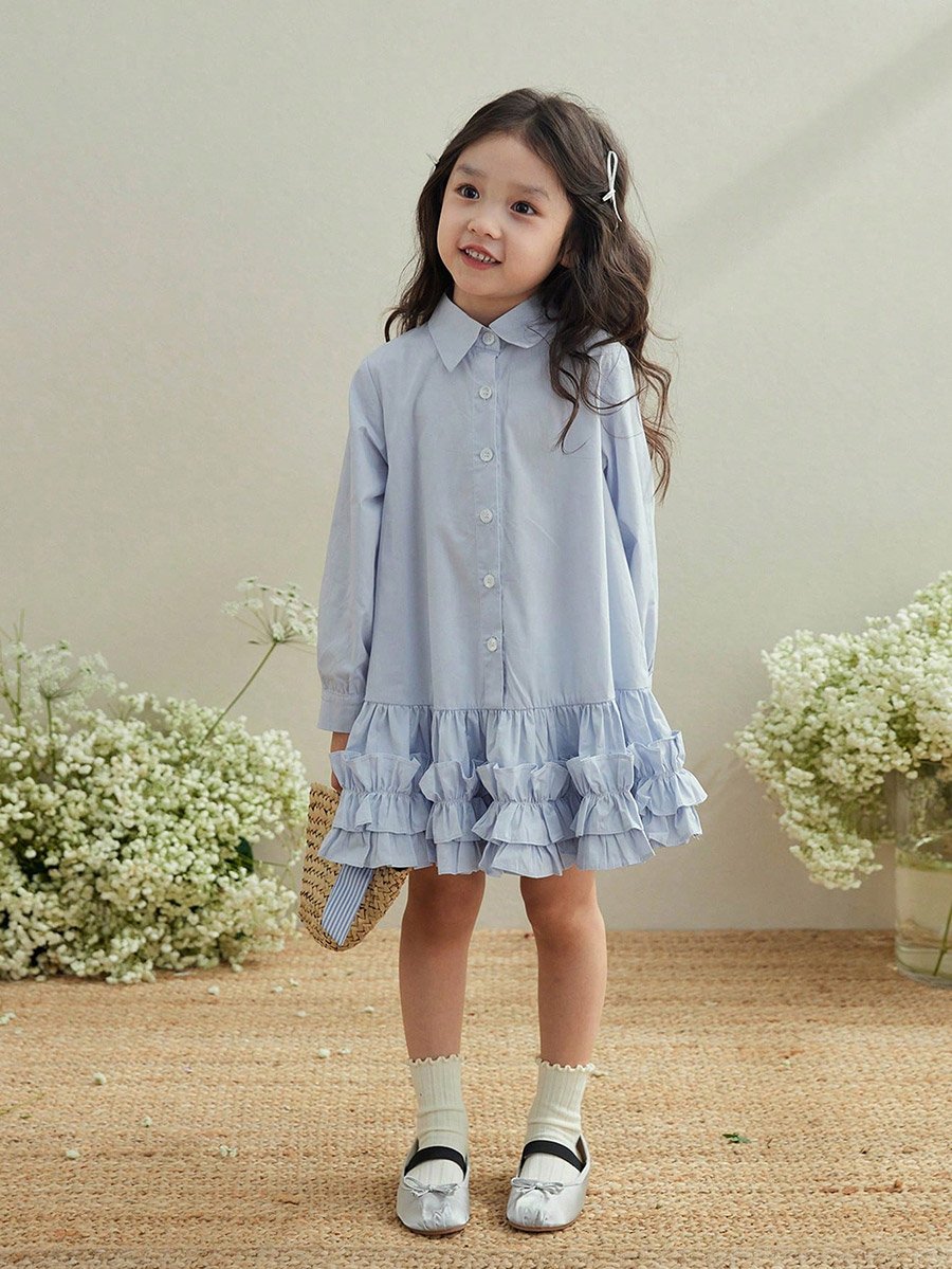 Girls Blue Cotton Ruffle Hem Knee Length Dress