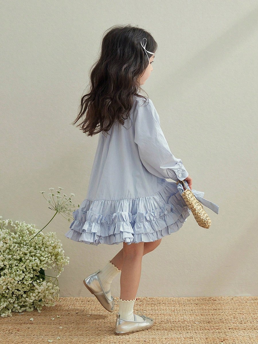 Girls Blue Cotton Ruffle Hem Knee Length Dress