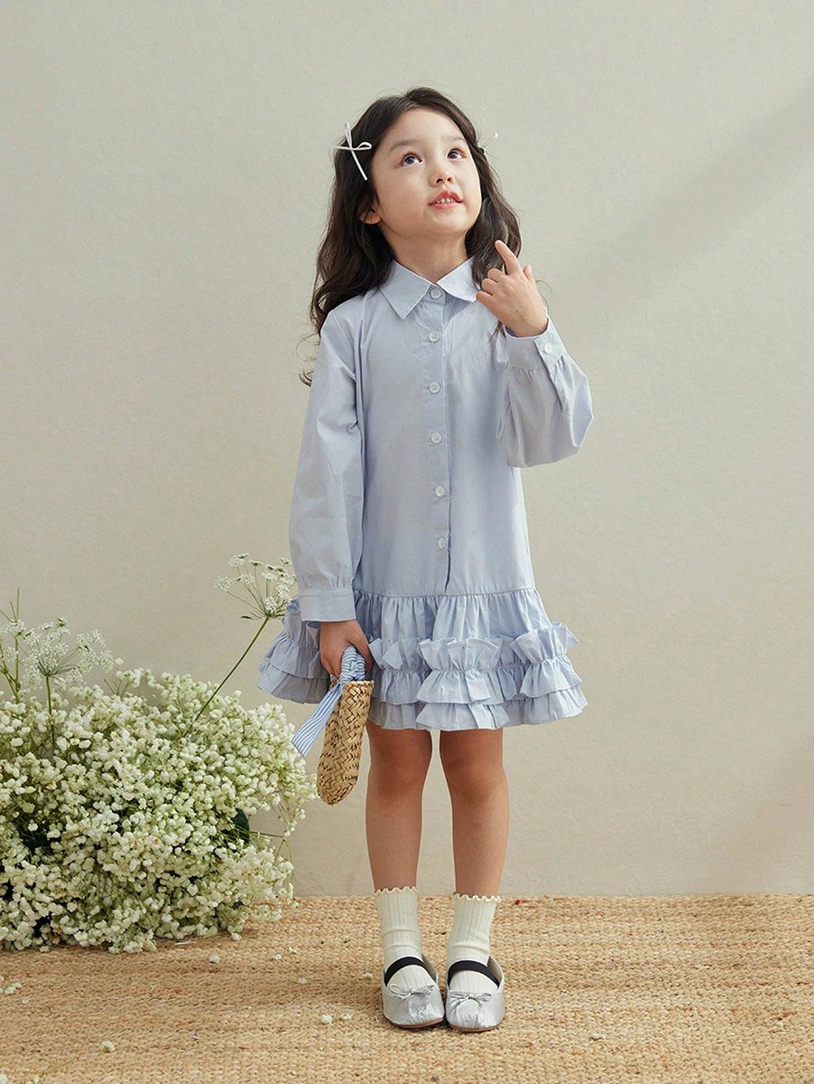 Girls Blue Cotton Ruffle Hem Knee Length Dress
