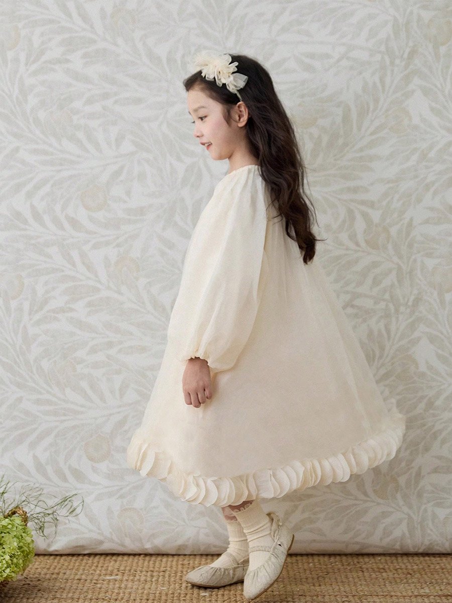 Girls Beige Balloon Sleeve A-Line Dress