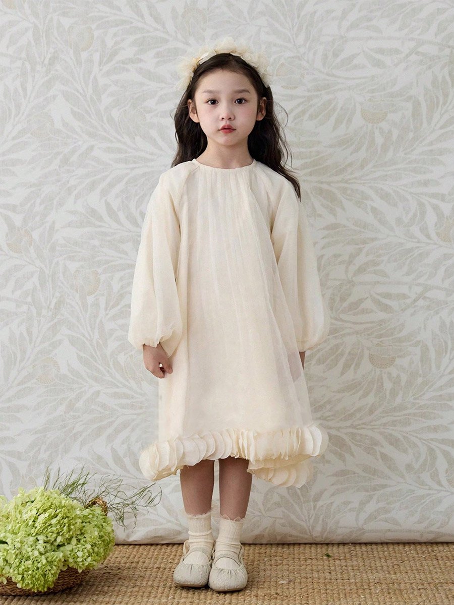 Girls Beige Balloon Sleeve A-Line Dress