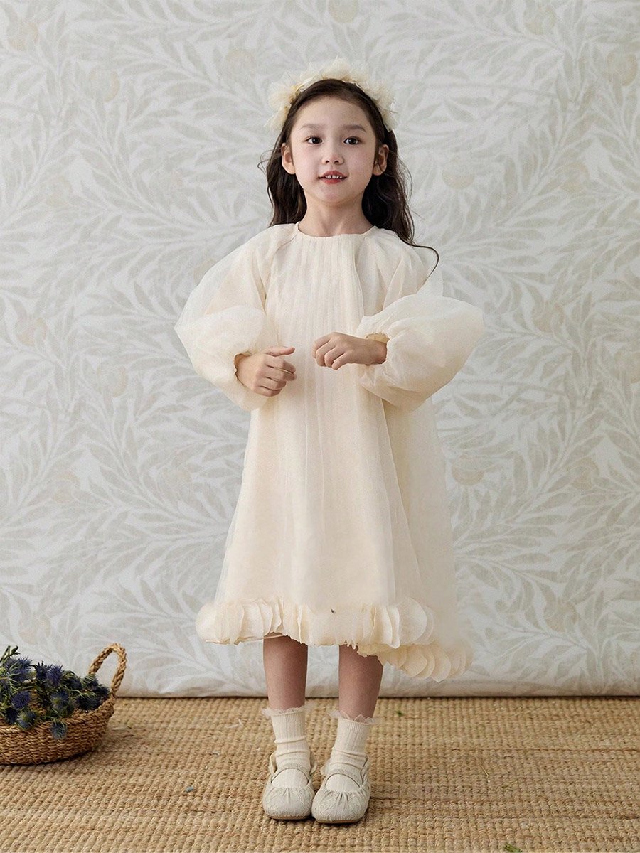 Girls Beige Balloon Sleeve A-Line Dress