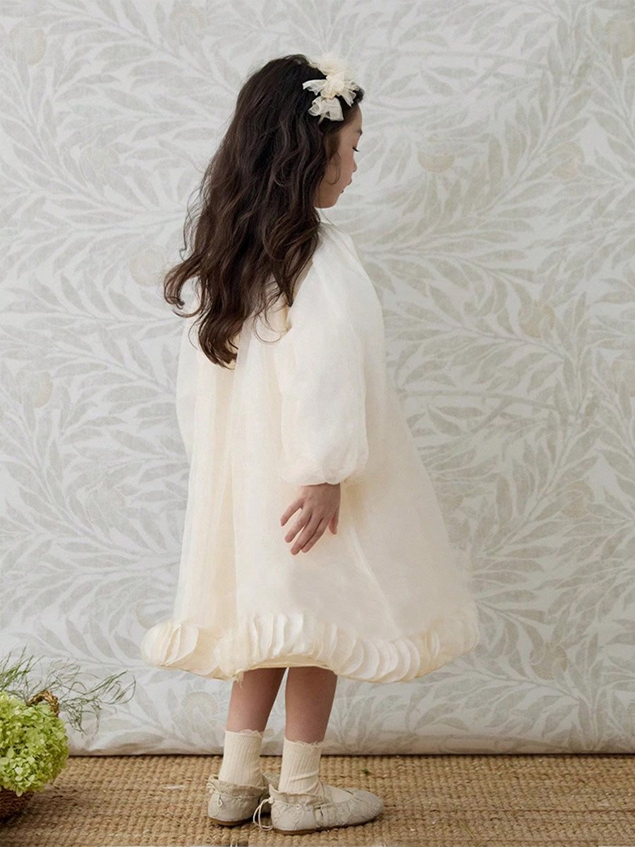 Girls Beige Balloon Sleeve A-Line Dress