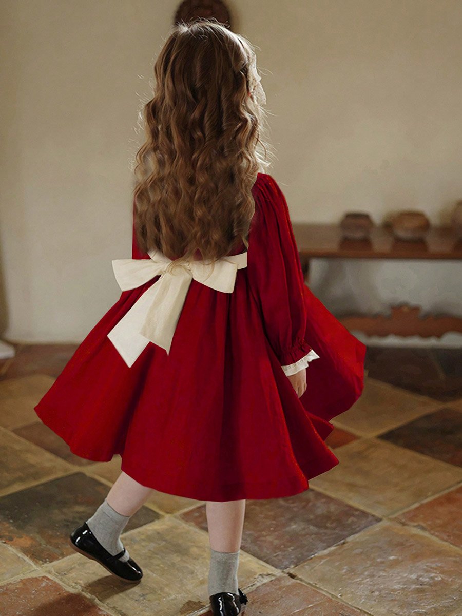 Girls Burgundy Pleated Long Sleeve Dress