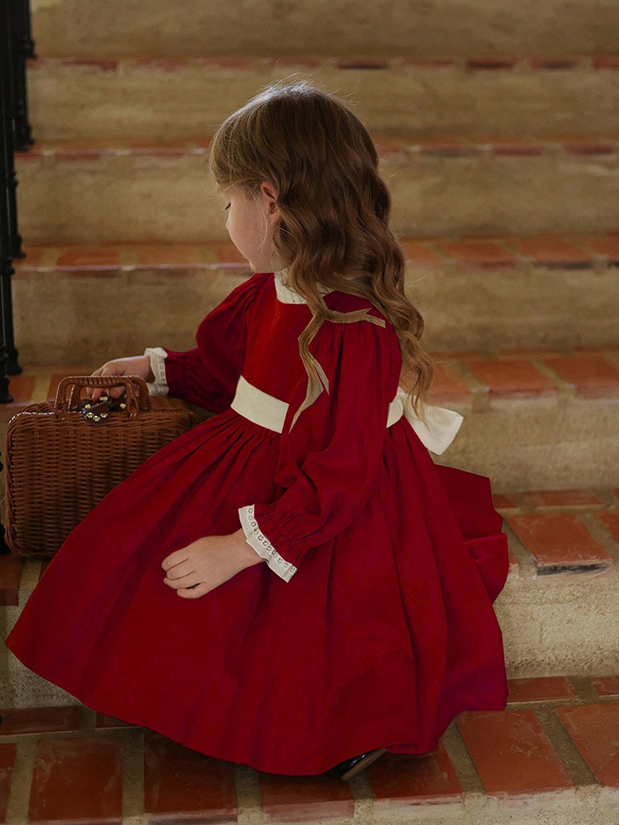 Girls Burgundy Pleated Long Sleeve Dress